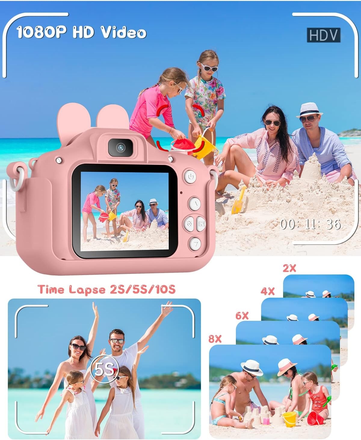 Gofunly Kinderen Digitale Camera Roze - 20MP 1080P HD - Inclusief 32GB SD Kaart - 2 Inch Scherm