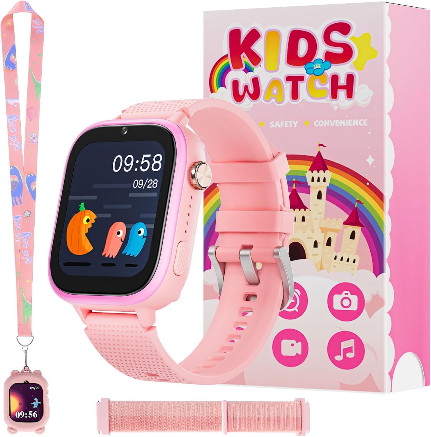 OKYUK 4G Smartwatch voor kinderen, smartwatch voor kinderen met GPS en telefoon, polshorloge voor jongens en meisjes, met video-telefoongesprek, berichten, schoolmodus, SOS-functie, camera en