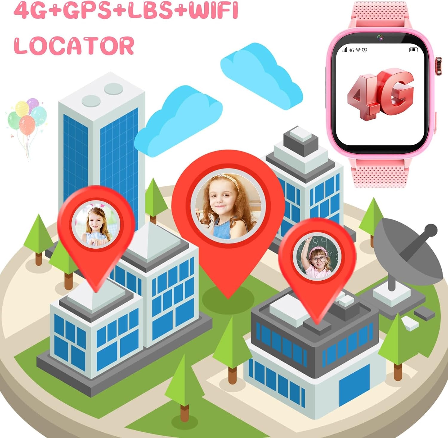 OKYUK 4G Smartwatch voor kinderen, smartwatch voor kinderen met GPS en telefoon, polshorloge voor jongens en meisjes, met video-telefoongesprek, berichten, schoolmodus, SOS-functie, camera en