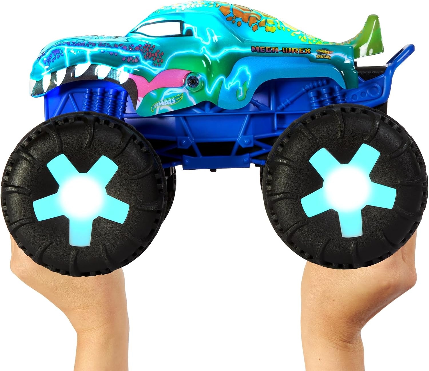 Hot Wheels Monster Trucks Mega-Wrex Alive RC, bestuurbare truck | Grote RC-speelgoedtruck met licht en geluid, oplaadbaar via USB, schaal 1:15, JBD90