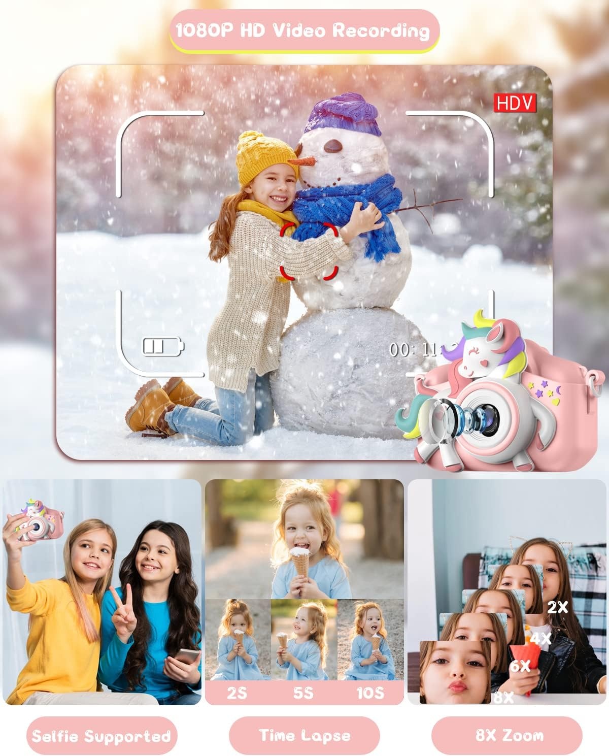Gofunly Kinderen Camera - 20MP - 1080p - Met 32GB SD-kaart - Eenhoorn Wit