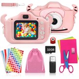 Kindercamera, digitale camera kinderen met USB-laadfunctie, uitgerust met 32 GB geheugenkaart, 1080p HD-scherm, zeer geschikt als cadeau voor kinderen op Kerstmis (roze)