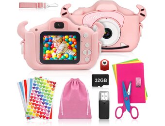 Kindercamera, digitale camera kinderen met USB-laadfunctie, uitgerust met 32 GB geheugenkaart, 1080p HD-scherm, zeer geschikt als cadeau voor kinderen op Kerstmis (roze)