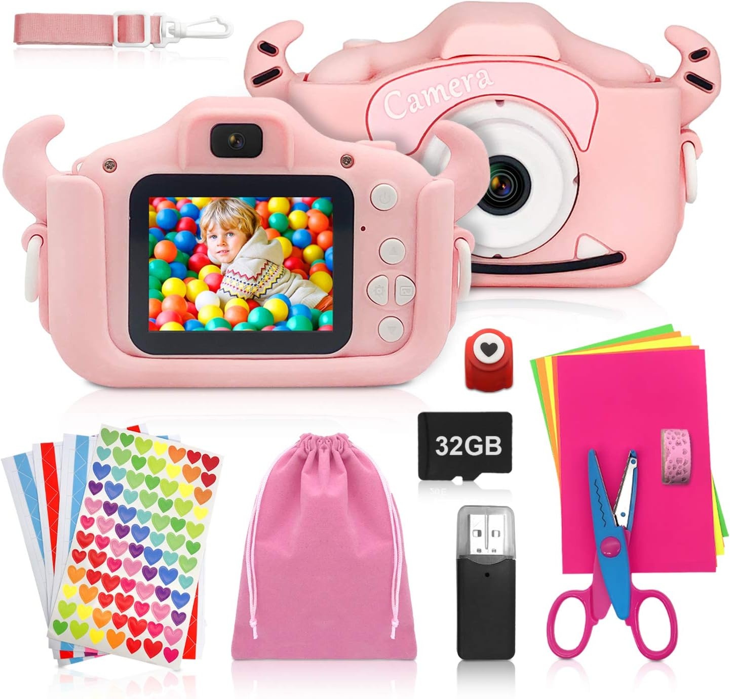 Kindercamera, digitale camera kinderen met USB-laadfunctie, uitgerust met 32 GB geheugenkaart, 1080p HD-scherm, zeer geschikt als cadeau voor kinderen op Kerstmis (roze)