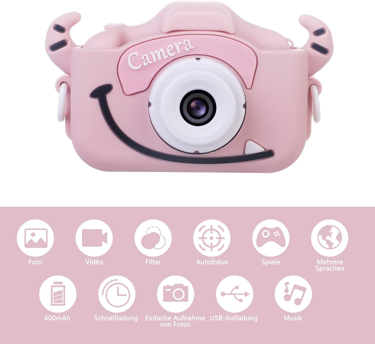 Kindercamera, digitale camera kinderen met USB-laadfunctie, uitgerust met 32 GB geheugenkaart, 1080p HD-scherm, zeer geschikt als cadeau voor kinderen op Kerstmis (roze)
