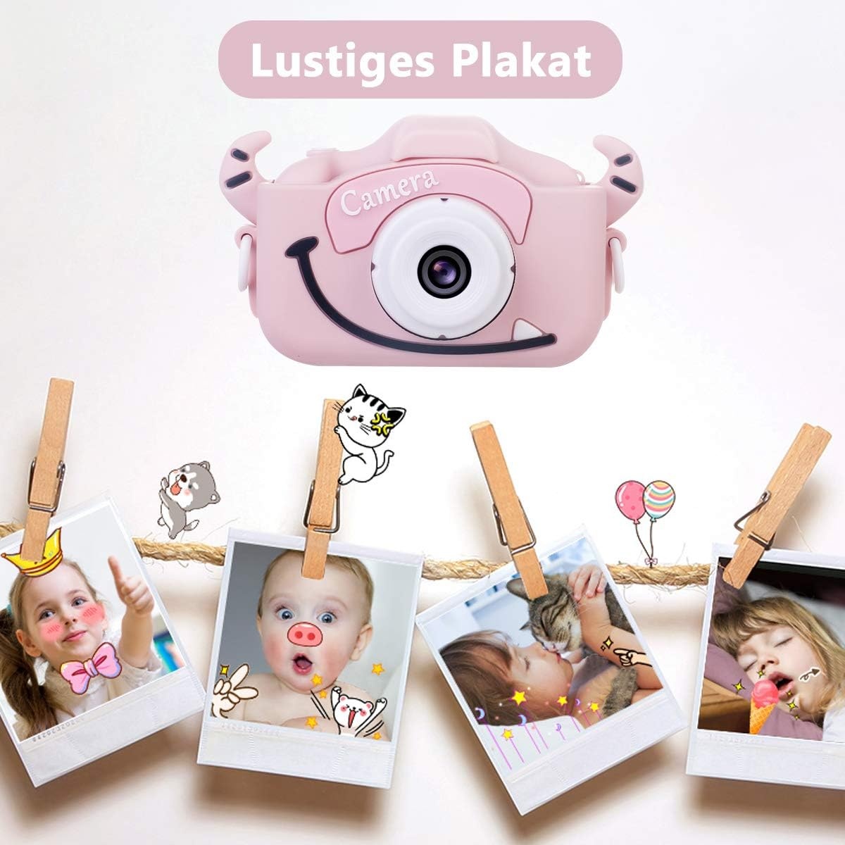 Kindercamera, digitale camera kinderen met USB-laadfunctie, uitgerust met 32 GB geheugenkaart, 1080p HD-scherm, zeer geschikt als cadeau voor kinderen op Kerstmis (roze)
