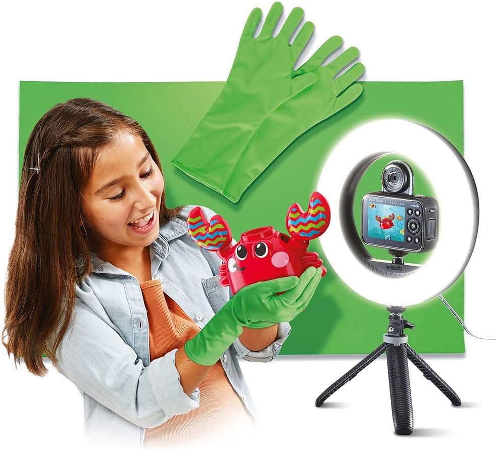 VTech - KidiZoom Video Studio Pro, digitale camera voor kinderen, foto, selfie, HD-video, kleurendisplay met ringlicht, statief, achtergrond en handschoenen, groen, cadeau van 7 jaar tot 14 jaar - inhoud in het Frans