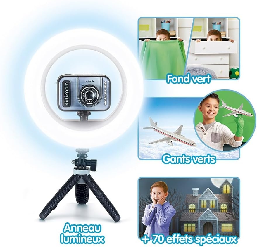 VTech - KidiZoom Video Studio Pro, digitale camera voor kinderen, foto, selfie, HD-video, kleurendisplay met ringlicht, statief, achtergrond en handschoenen, groen, cadeau van 7 jaar tot 14 jaar - inhoud in het Frans
