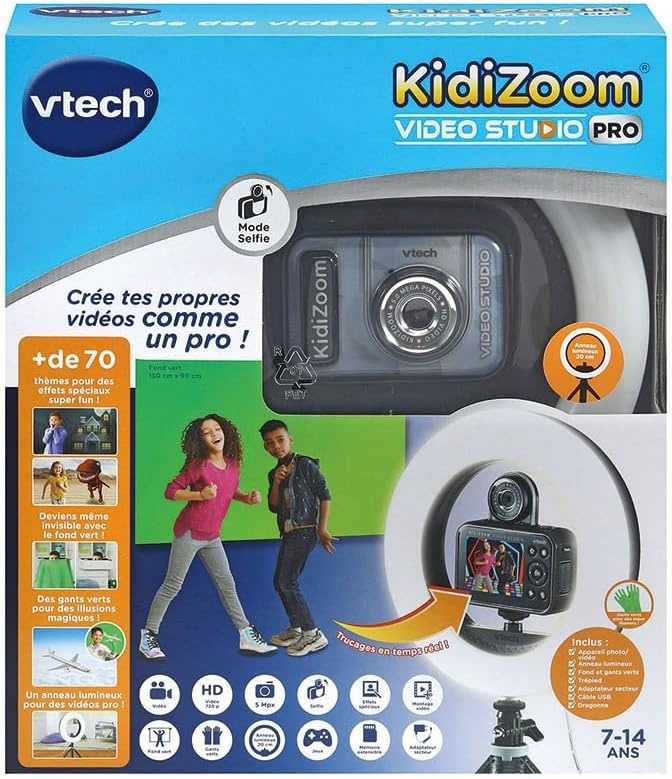 VTech - KidiZoom Video Studio Pro, digitale camera voor kinderen, foto, selfie, HD-video, kleurendisplay met ringlicht, statief, achtergrond en handschoenen, groen, cadeau van 7 jaar tot 14 jaar - inhoud in het Frans