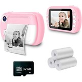 i-Paint P9 Instant Camera voor kinderen, printen B/N op thermisch papier, 1080P digitale camera FHD, LCD 3,5 inch, Micro SD 32 GB, kleur roze