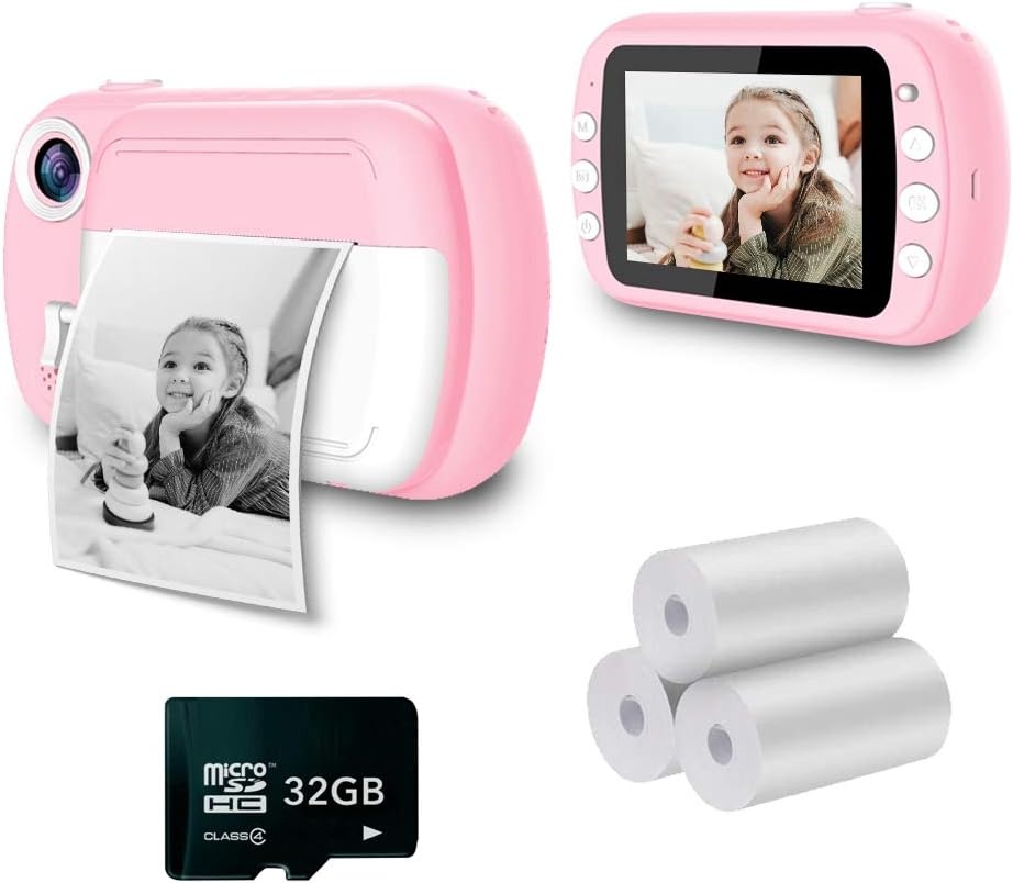 i-Paint P9 Instant Camera voor kinderen, printen B/N op thermisch papier, 1080P digitale camera FHD, LCD 3,5 inch, Micro SD 32 GB, kleur roze