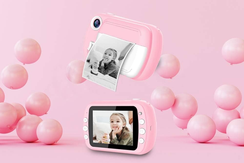 i-Paint P9 Instant Camera voor kinderen, printen B/N op thermisch papier, 1080P digitale camera FHD, LCD 3,5 inch, Micro SD 32 GB, kleur roze