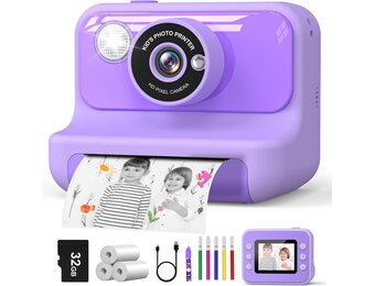 Hangrui Instant Print kindercamera, 2,4 inch Instant Camera voor kinderen, 1080P kindercamera's met 32 GB kaart en 3 rollen fotopapier, kerstverjaardagscadeaus speelgoed voor meisjes en jongens van 3