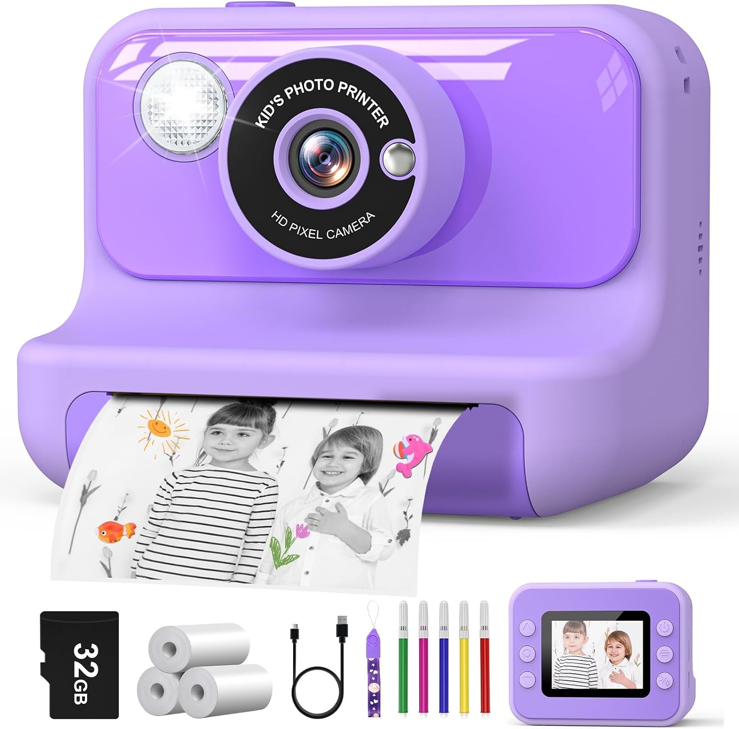 Hangrui Instant Print kindercamera, 2,4 inch Instant Camera voor kinderen, 1080P kindercamera's met 32 GB kaart en 3 rollen fotopapier, kerstverjaardagscadeaus speelgoed voor meisjes en jongens van 3