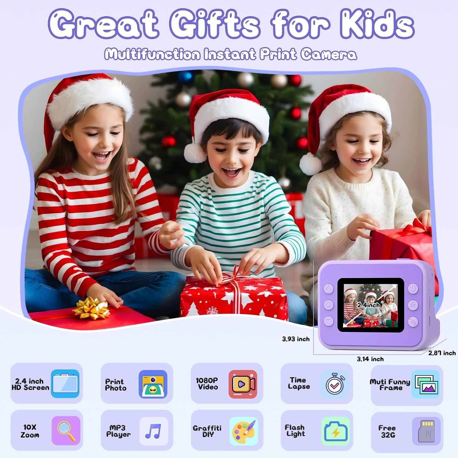 Hangrui Instant Print kindercamera, 2,4 inch Instant Camera voor kinderen, 1080P kindercamera's met 32 GB kaart en 3 rollen fotopapier, kerstverjaardagscadeaus speelgoed voor meisjes en jongens van 3
