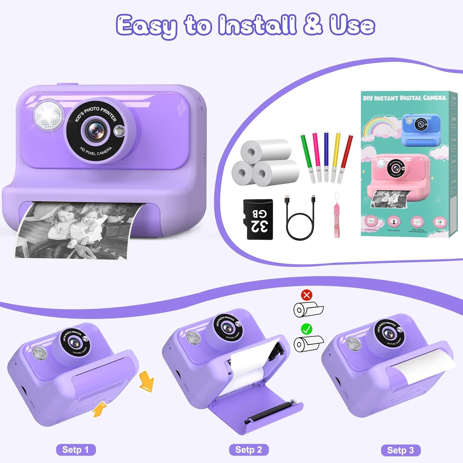 Hangrui Instant Print kindercamera, 2,4 inch Instant Camera voor kinderen, 1080P kindercamera's met 32 GB kaart en 3 rollen fotopapier, kerstverjaardagscadeaus speelgoed voor meisjes en jongens van 3