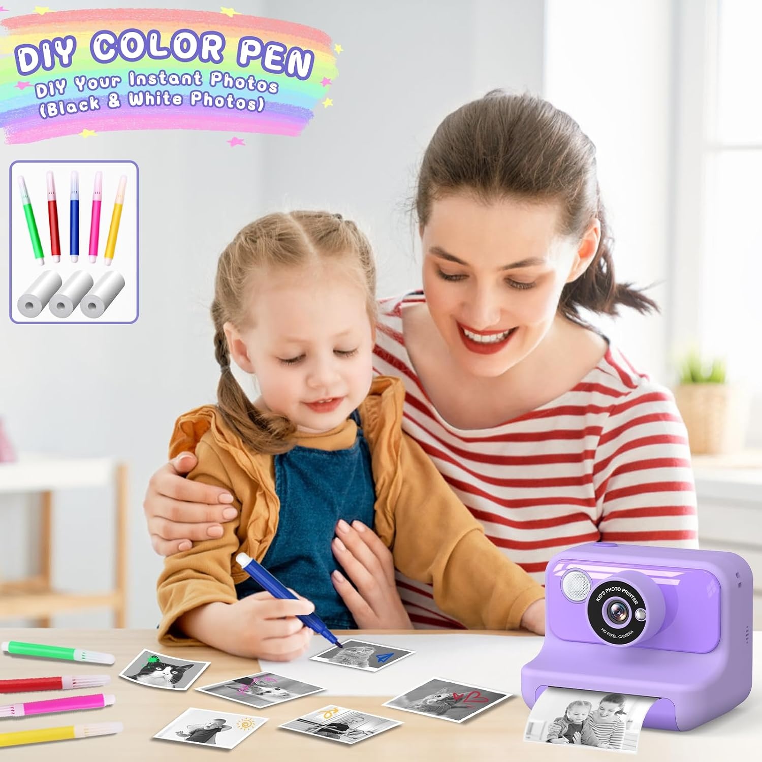 Hangrui Instant Print kindercamera, 2,4 inch Instant Camera voor kinderen, 1080P kindercamera's met 32 GB kaart en 3 rollen fotopapier, kerstverjaardagscadeaus speelgoed voor meisjes en jongens van 3