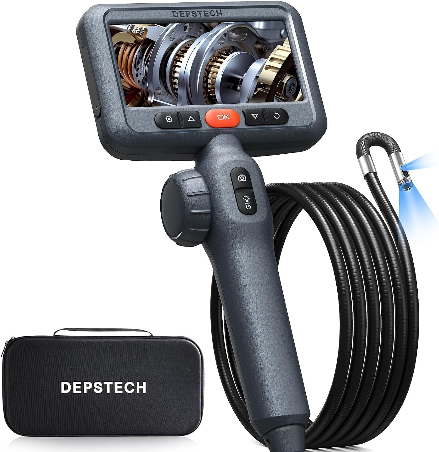 Borescoop voor auto & muur, dubbele lens, 210° twee-weg scharnierend, 1080P HD, 4,5 inch IPS scherm, 8,5mm sonde, 1,5M waterdichte flexibele slang met