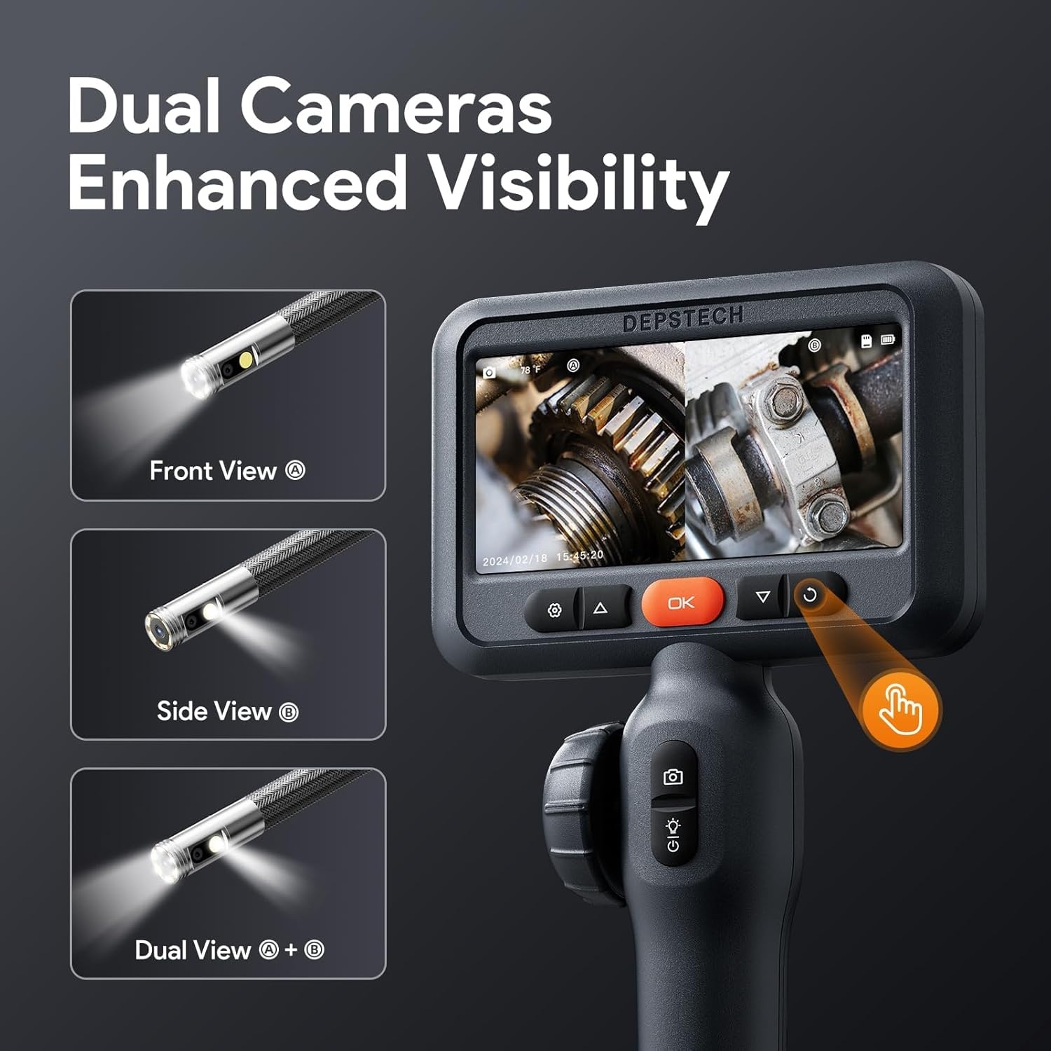 Borescoop voor auto & muur, dubbele lens, 210° twee-weg scharnierend, 1080P HD, 4,5 inch IPS scherm, 8,5mm sonde, 1,5M waterdichte flexibele slang met