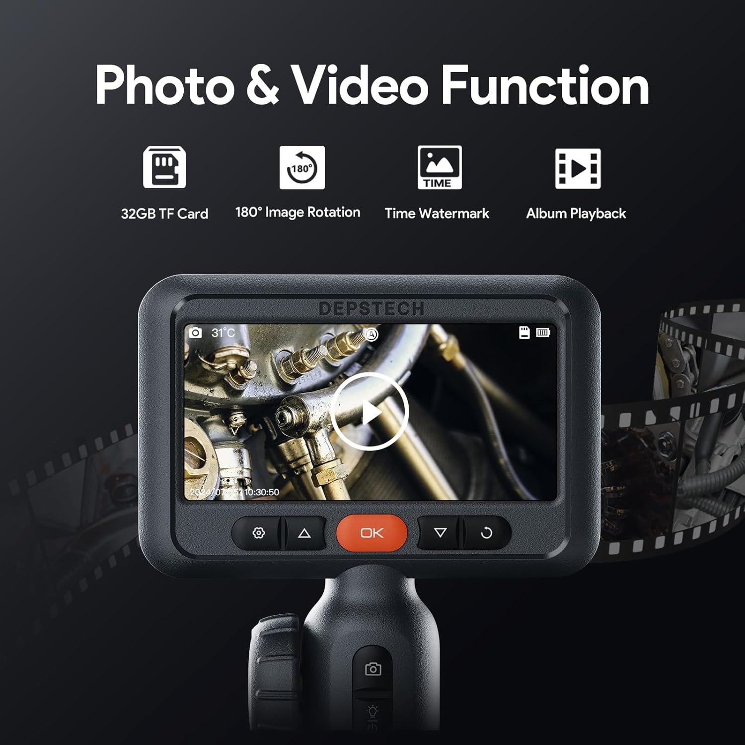 Borescoop voor auto & muur, dubbele lens, 210° twee-weg scharnierend, 1080P HD, 4,5 inch IPS scherm, 8,5mm sonde, 1,5M waterdichte flexibele slang met