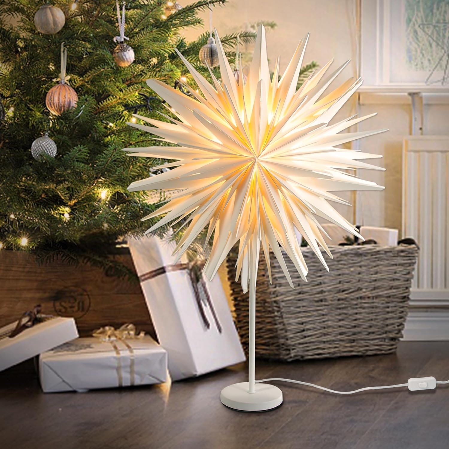 Staande papieren kerstster met LED verlichting voor binnen, kersttafel en ramen