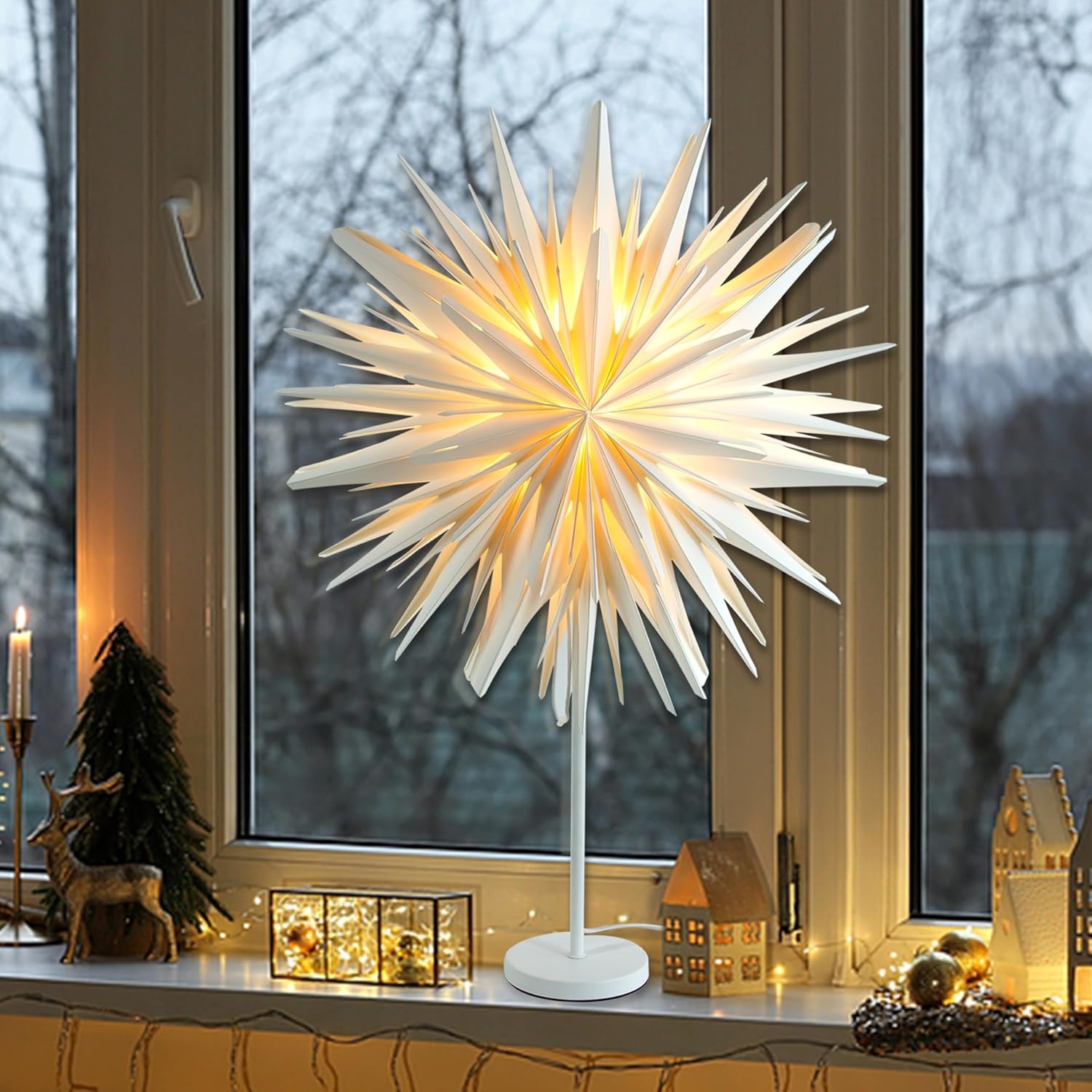 Staande papieren kerstster met LED verlichting voor binnen, kersttafel en ramen