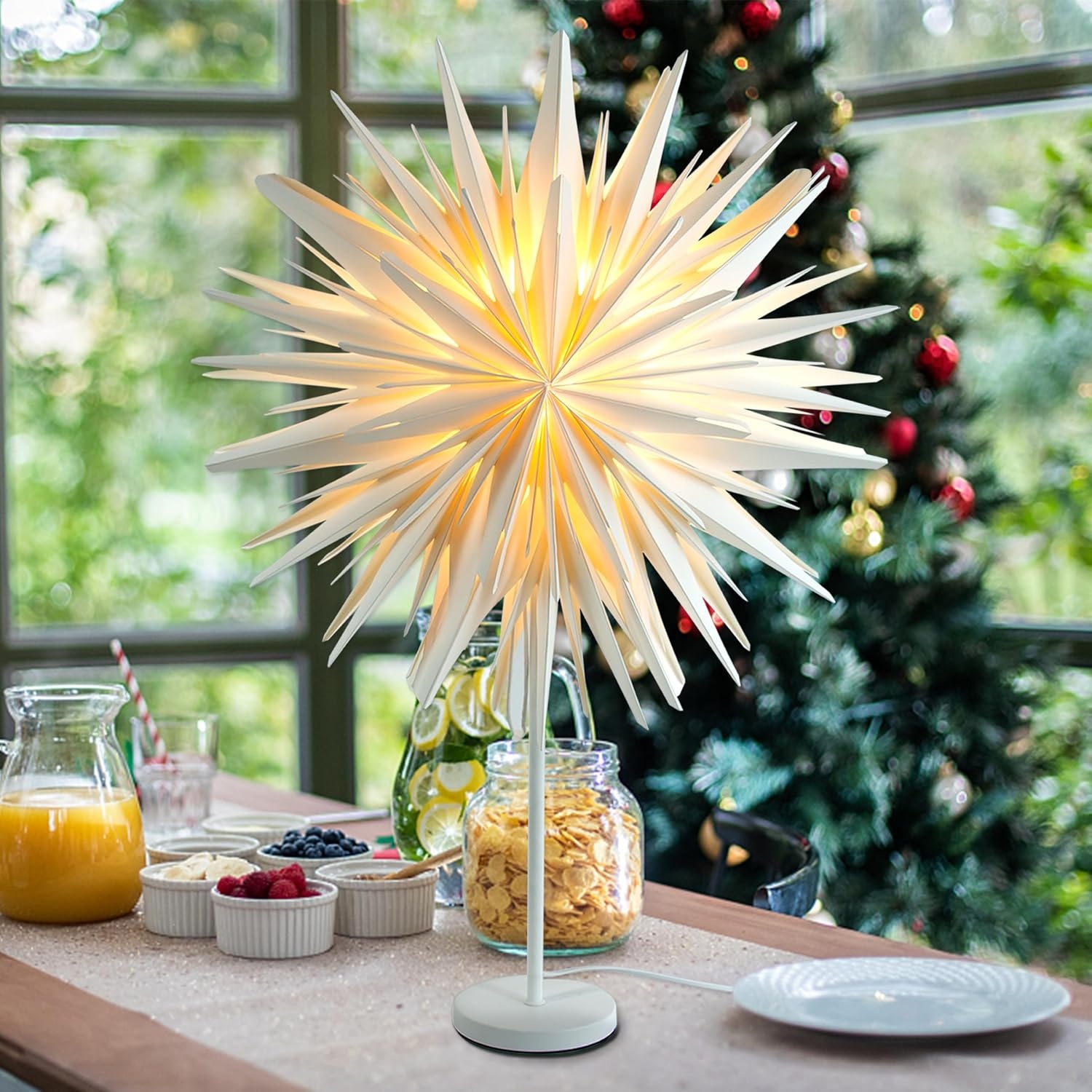 Staande papieren kerstster met LED verlichting voor binnen, kersttafel en ramen