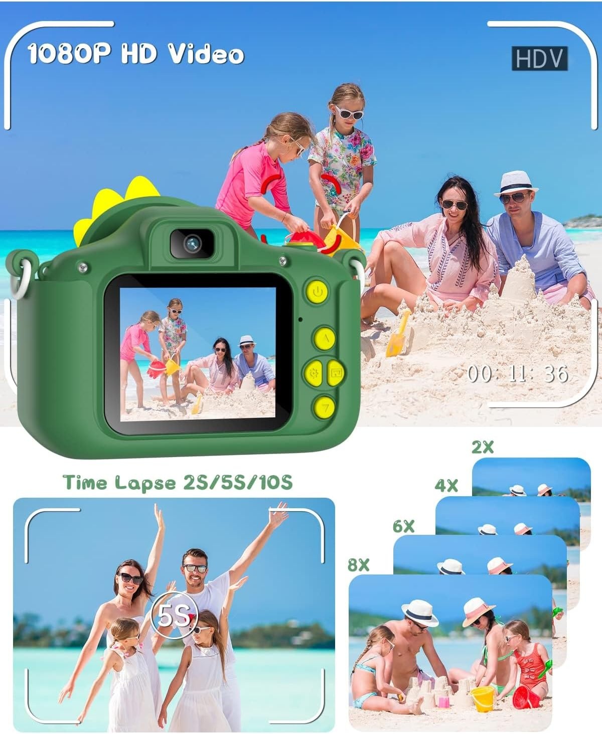 Kindercamera Gofunly 1080P Dino-Groen - 33% Korting