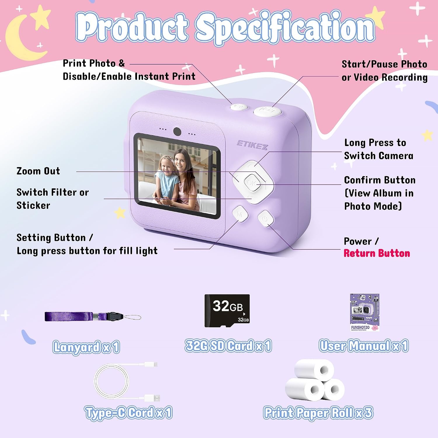 ETIKEZ Kinder Instant Camera met 48MP & Print - Paars - 34% Korting