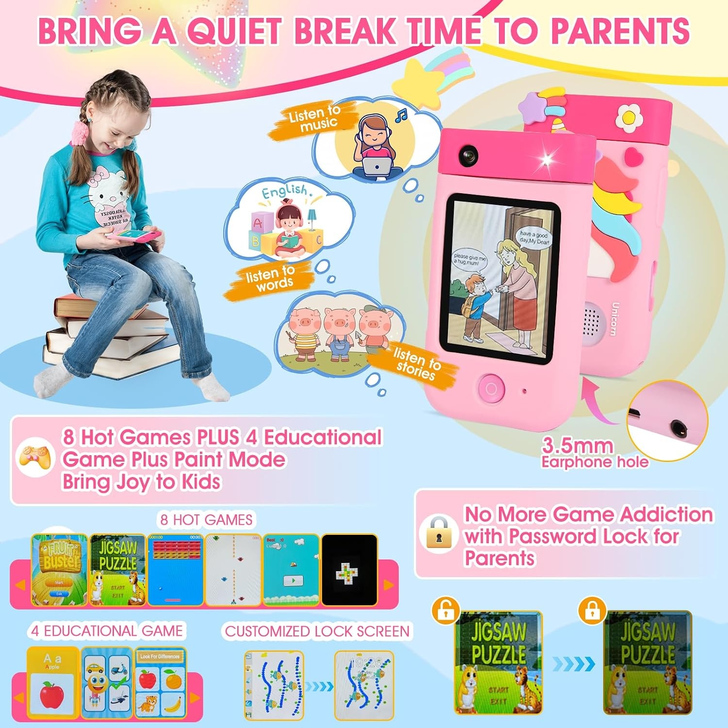 Kindertelefoon met Camera & 32GB - Unicorn Roze (32% Korting)