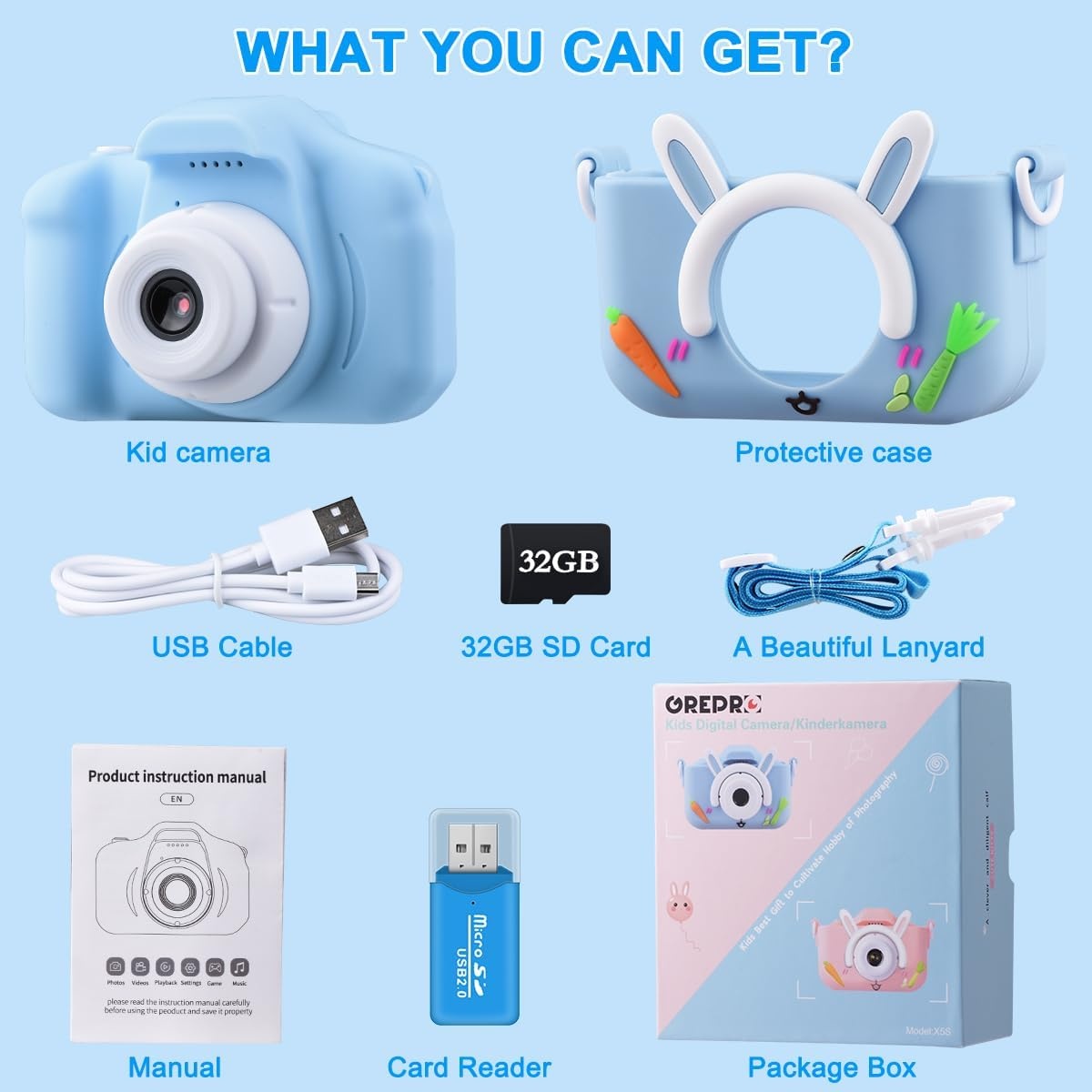 Digitale Kinder Camera Blauw - 32GB SD Card - 33% Korting