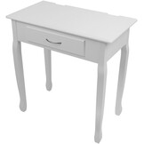 Een cosmetische kaptafel met een spiegel en een krukje