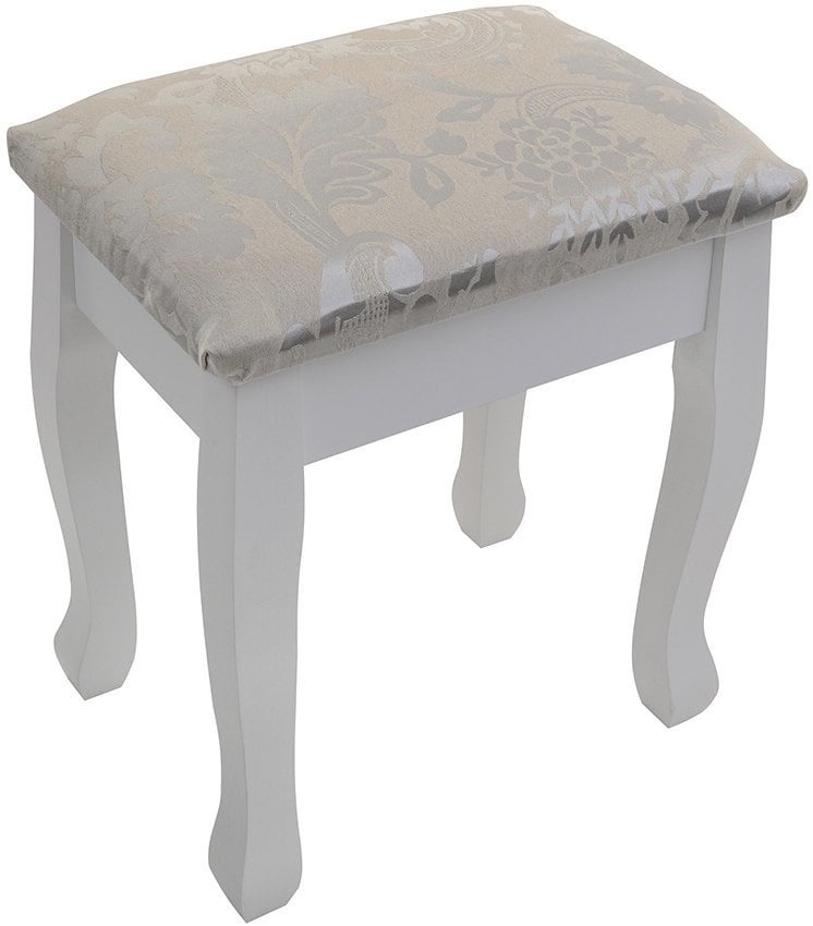 Een cosmetische kaptafel met een spiegel en een krukje