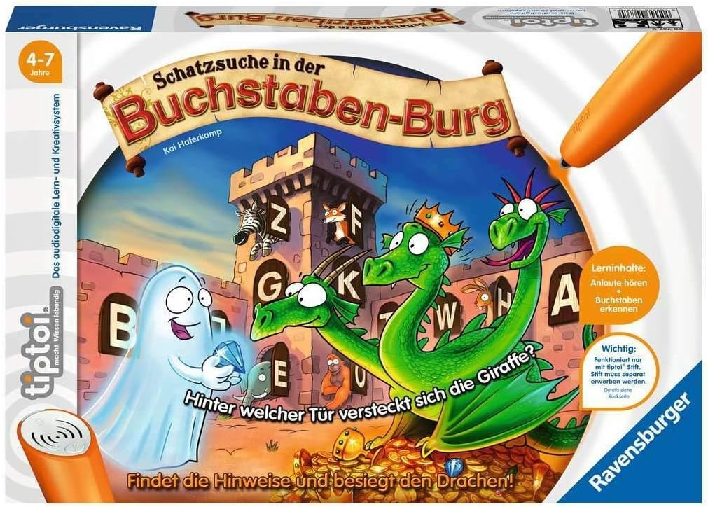 Ravensburger tiptoi 00737 Schatzsuche in der Buchstaben-Burg, Spiel für Kinder von 4-7 Jahren, für 1-4 Spieler: Findet die Hinweise und besiegt den Drachen!