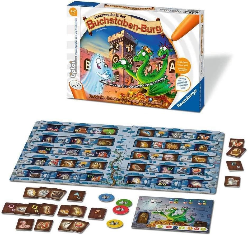 Ravensburger tiptoi 00737 Schatzsuche in der Buchstaben-Burg, Spiel für Kinder von 4-7 Jahren, für 1-4 Spieler: Findet die Hinweise und besiegt den Drachen!