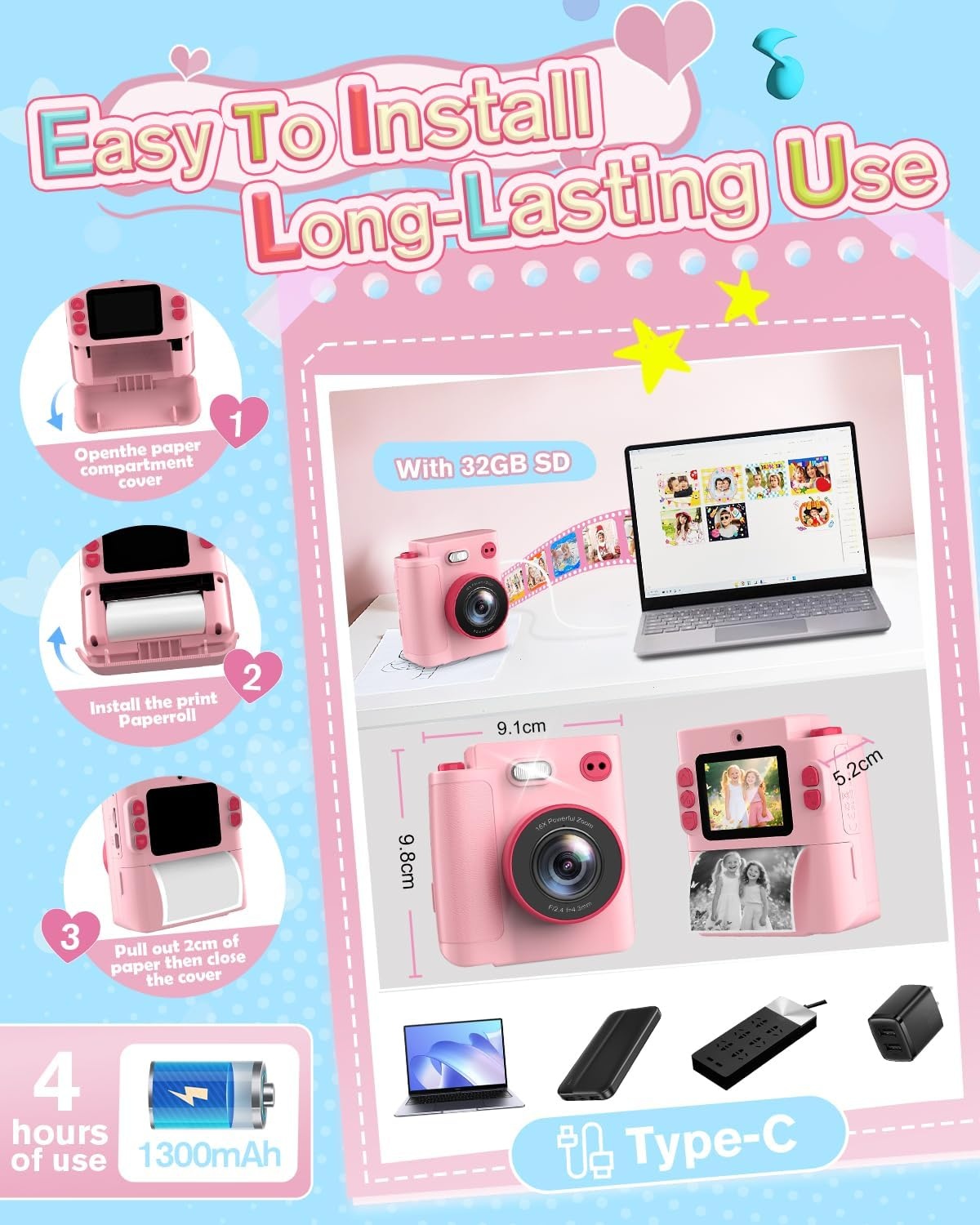 Digitale Instant Camera voor Kinderen: 1080P HD, 32GB, Nu -33%