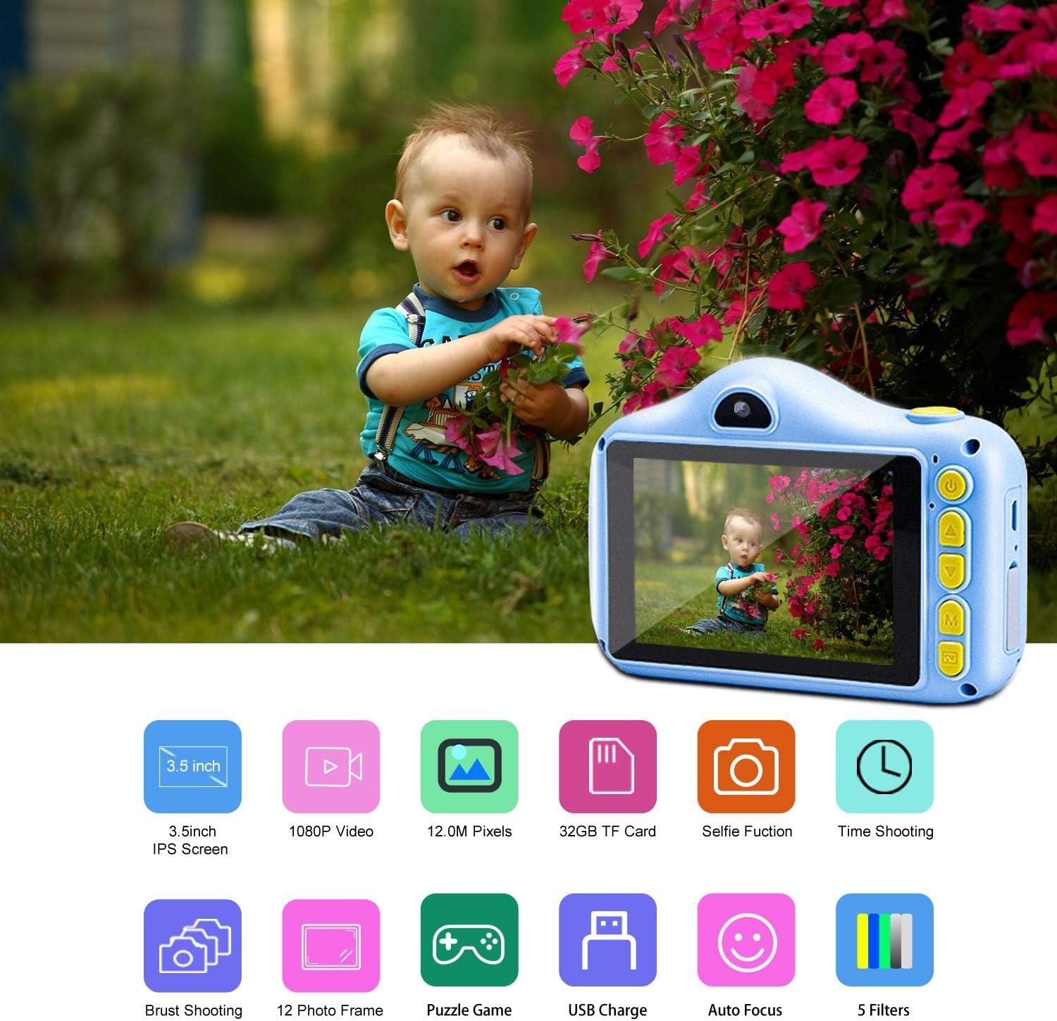 Digitale Kindercamera Blauw | 3,5" HD 12MP | 33% Korting