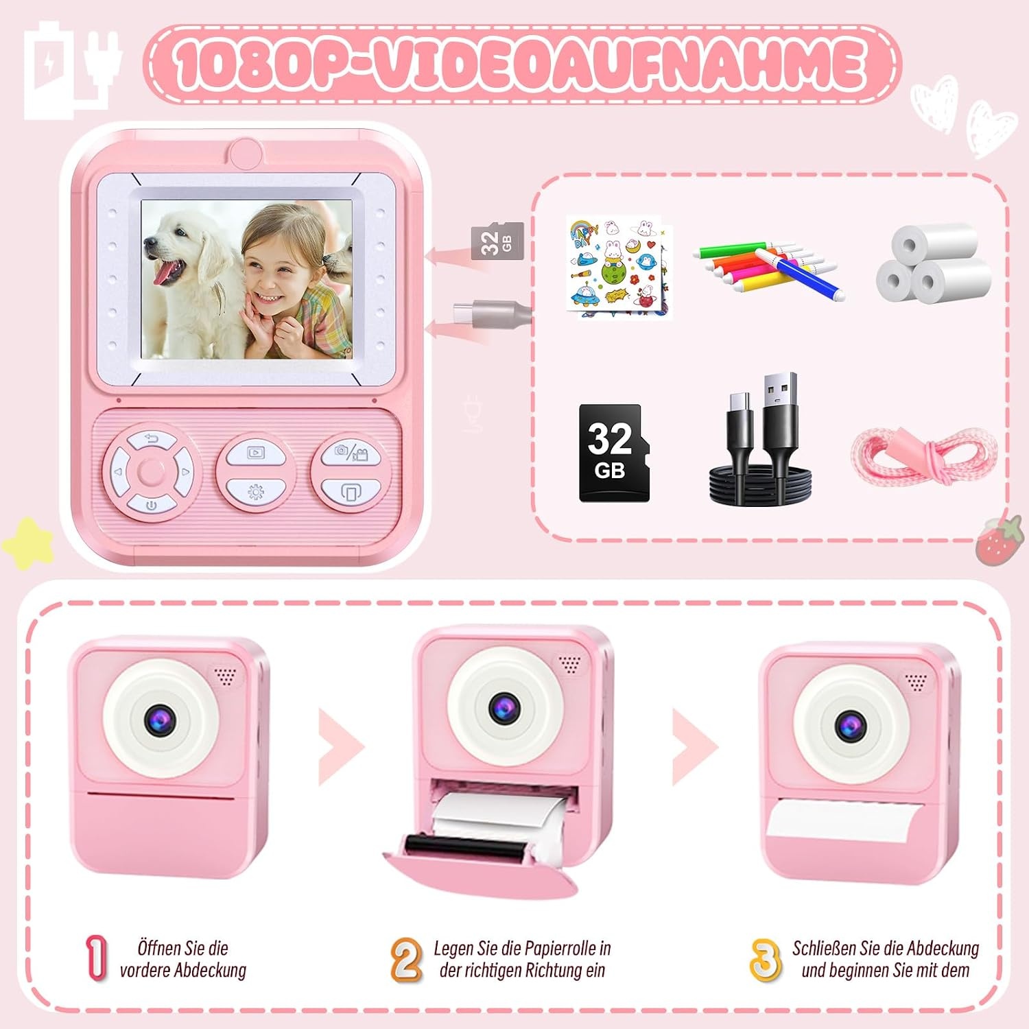 Kinder Instant Camera met 32GB, Printpapier & Kleurpotloden