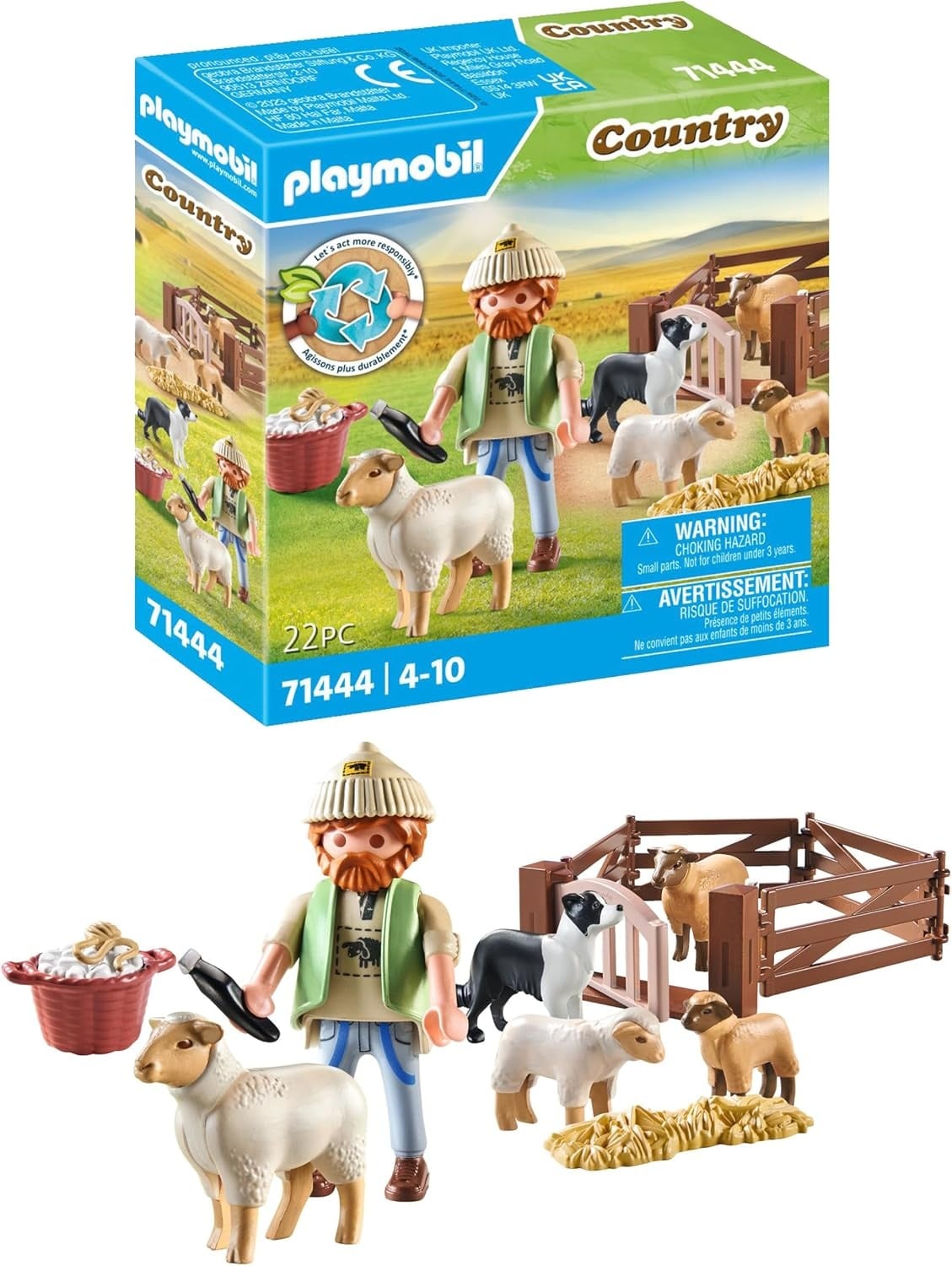 PLAYMOBIL Country 71444 Jonge herder met schapen, met een border collie, haartrimmer en strostrip, leuk fantasierijk rollenspel, duurzaam speelgoed voor kinderen vanaf 4 jaar