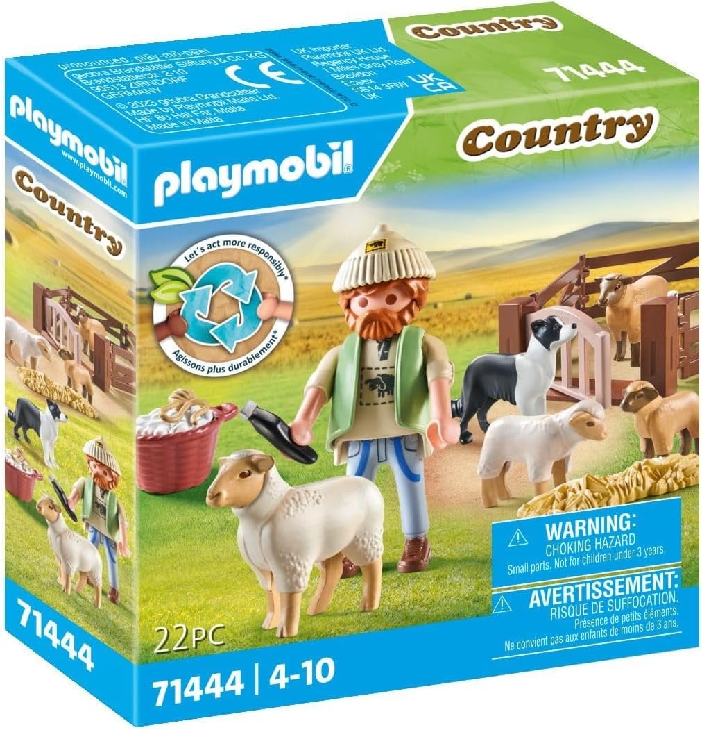 PLAYMOBIL Country 71444 Jonge herder met schapen, met een border collie, haartrimmer en strostrip, leuk fantasierijk rollenspel, duurzaam speelgoed voor kinderen vanaf 4 jaar