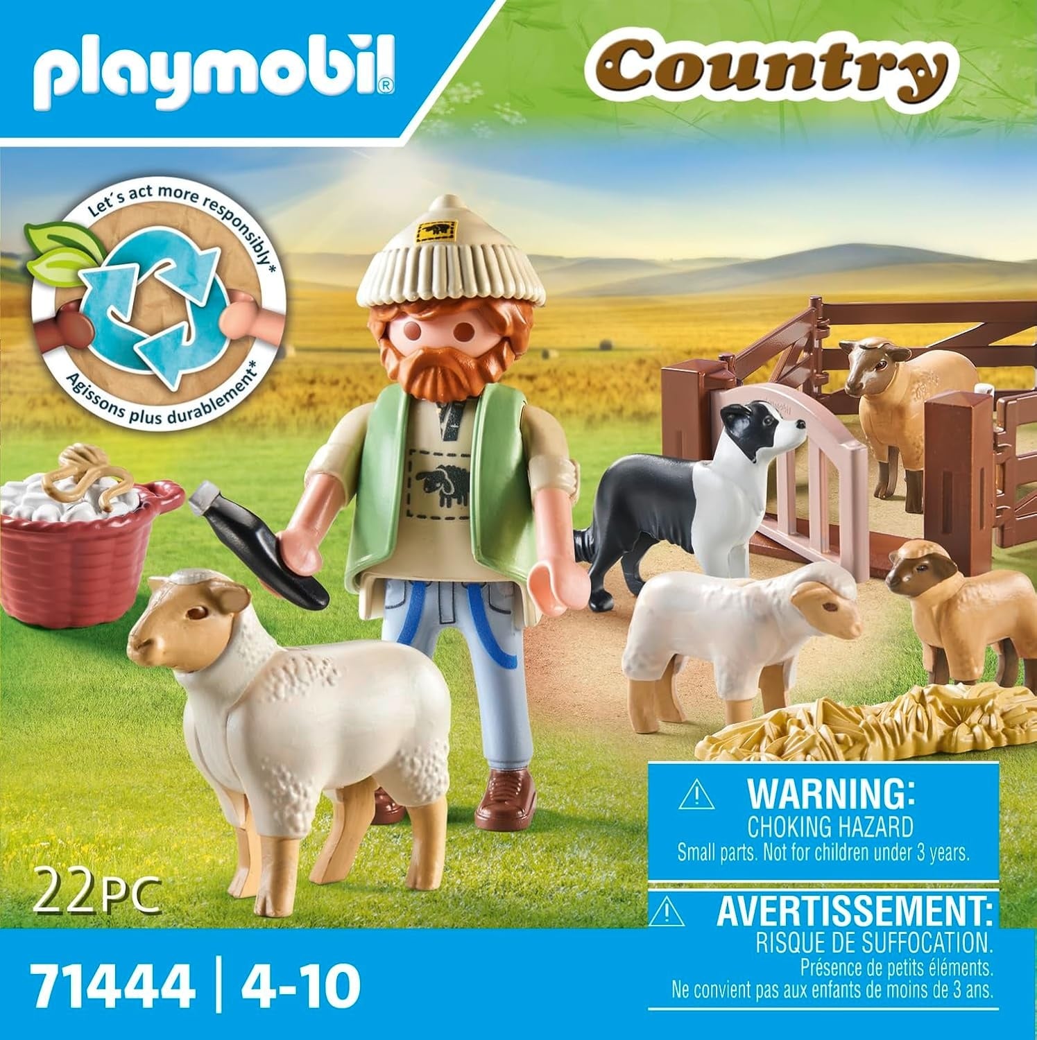 PLAYMOBIL Country 71444 Jonge herder met schapen, met een border collie, haartrimmer en strostrip, leuk fantasierijk rollenspel, duurzaam speelgoed voor kinderen vanaf 4 jaar