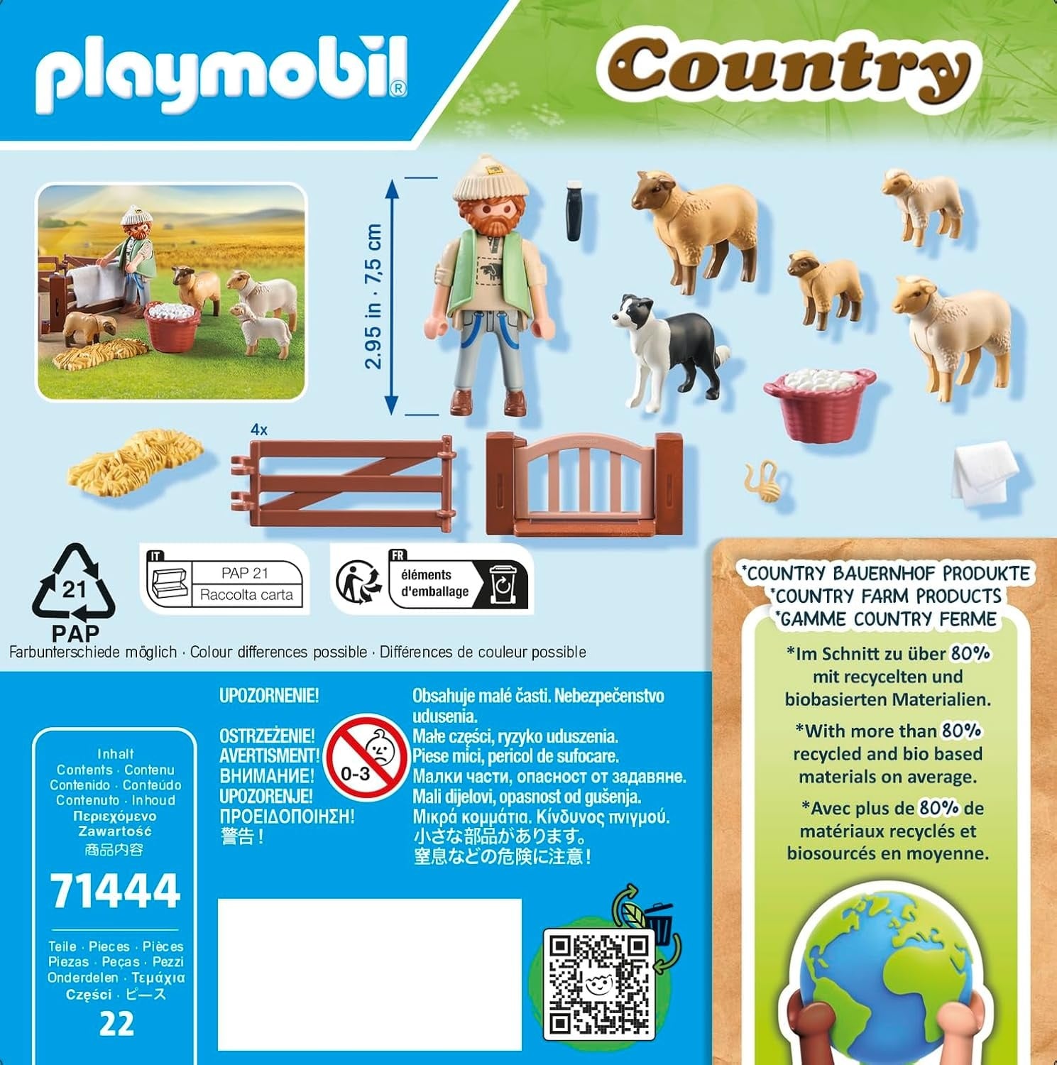 PLAYMOBIL Country 71444 Jonge herder met schapen, met een border collie, haartrimmer en strostrip, leuk fantasierijk rollenspel, duurzaam speelgoed voor kinderen vanaf 4 jaar