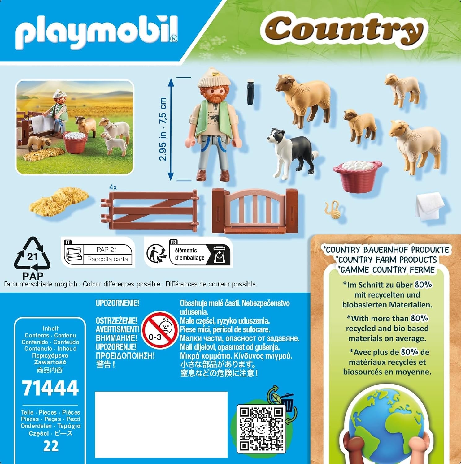 PLAYMOBIL Country 71444 Jonge herder met schapen, met een border collie, haartrimmer en strostrip, leuk fantasierijk rollenspel, duurzaam speelgoed voor kinderen vanaf 4 jaar