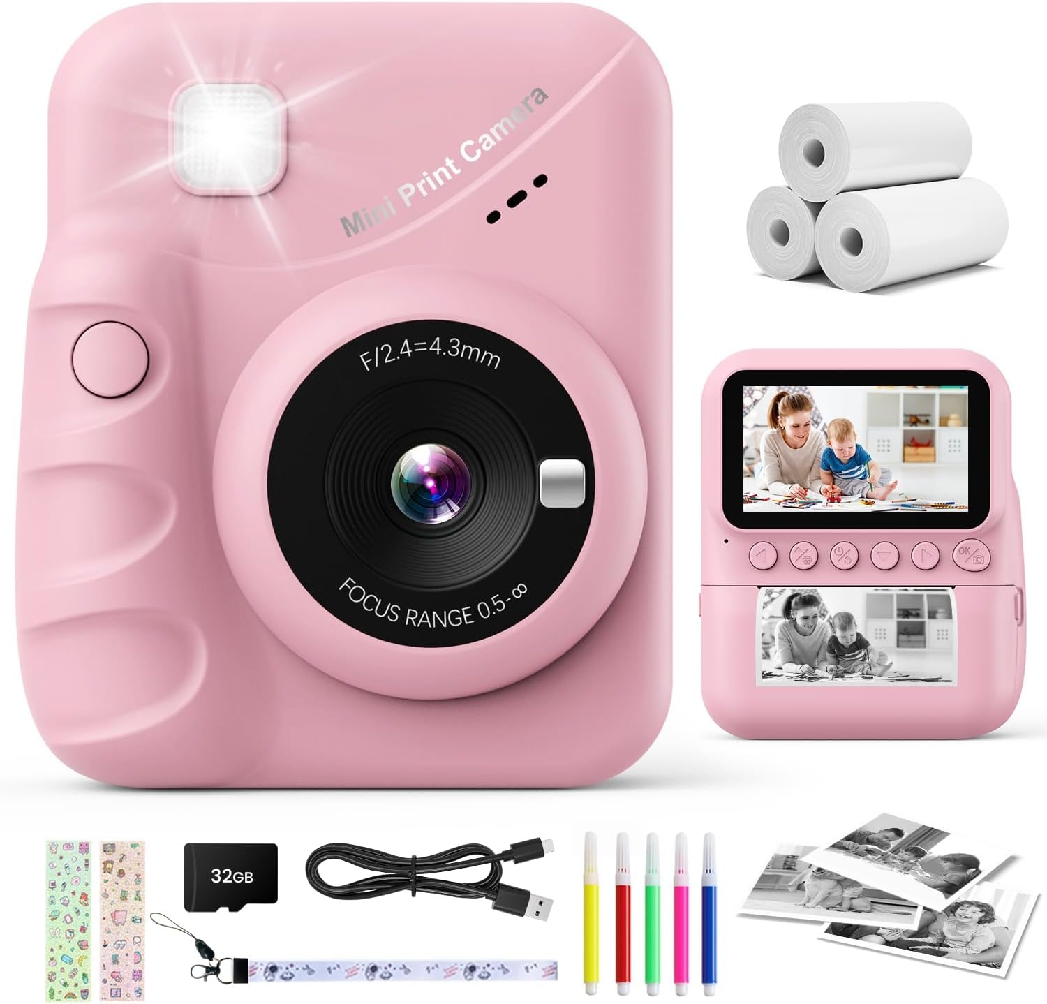 CalineGam Kindercamera Direct Printen, 3.0'' HD Scherm 48MP Fotocamera voor Kinderen met 32GB Kaart & Printpapier, 1080P HD Digitale Camera, Ideaal Cadeau voor Jongens Meisjes 3-12 Jaar (Roze)