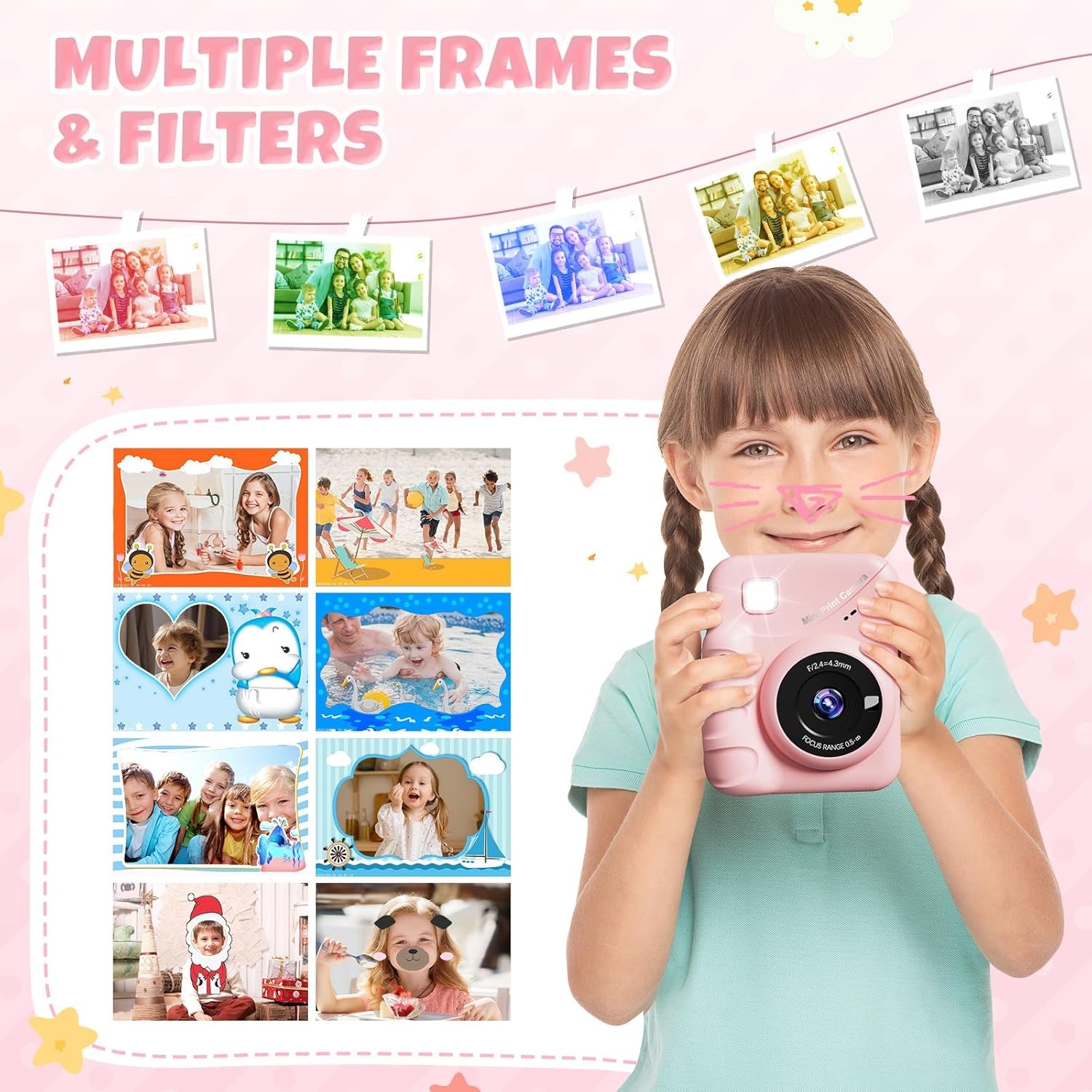CalineGam Kindercamera Direct Printen, 3.0'' HD Scherm 48MP Fotocamera voor Kinderen met 32GB Kaart & Printpapier, 1080P HD Digitale Camera, Ideaal Cadeau voor Jongens Meisjes 3-12 Jaar (Roze)
