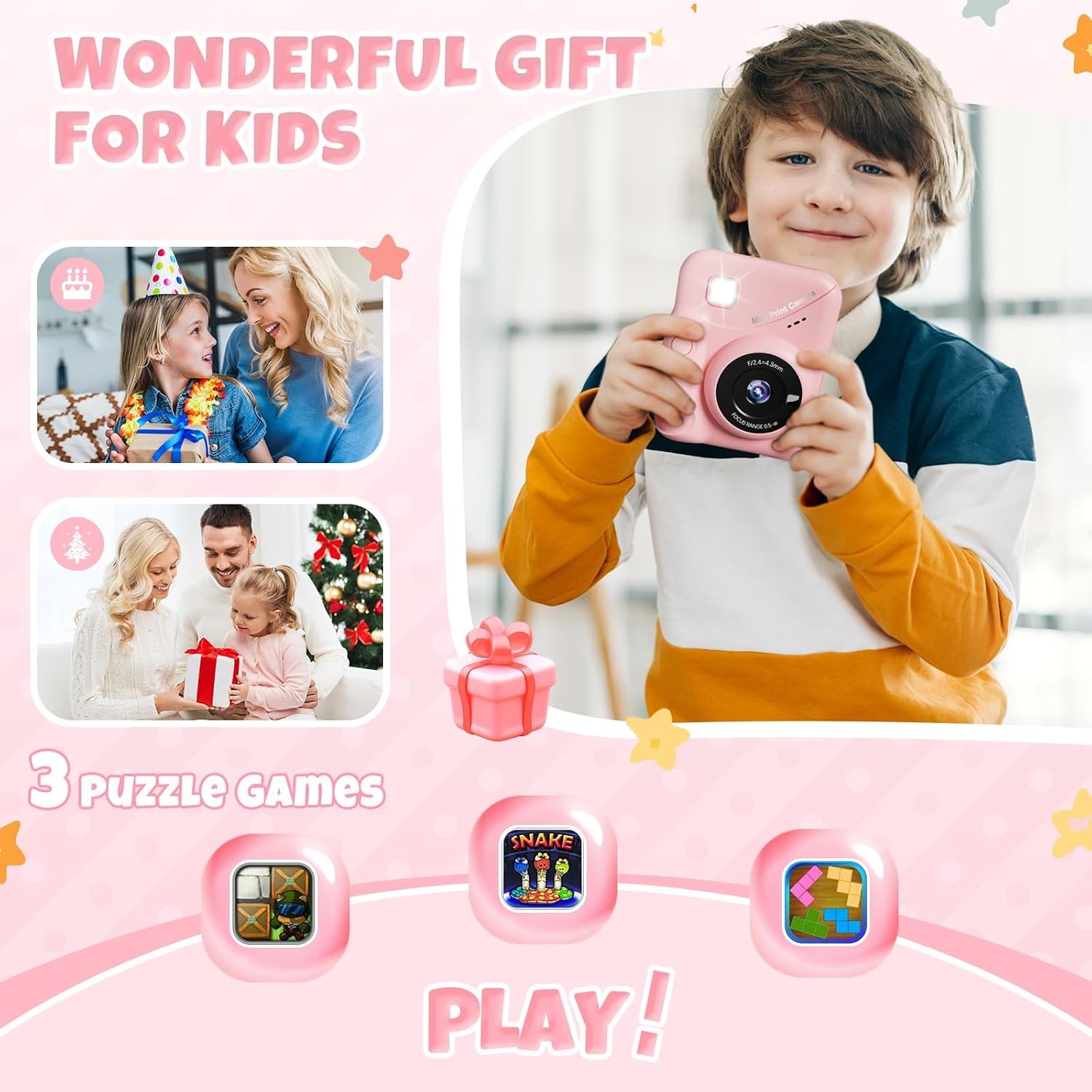 CalineGam Kindercamera Direct Printen, 3.0'' HD Scherm 48MP Fotocamera voor Kinderen met 32GB Kaart & Printpapier, 1080P HD Digitale Camera, Ideaal Cadeau voor Jongens Meisjes 3-12 Jaar (Roze)