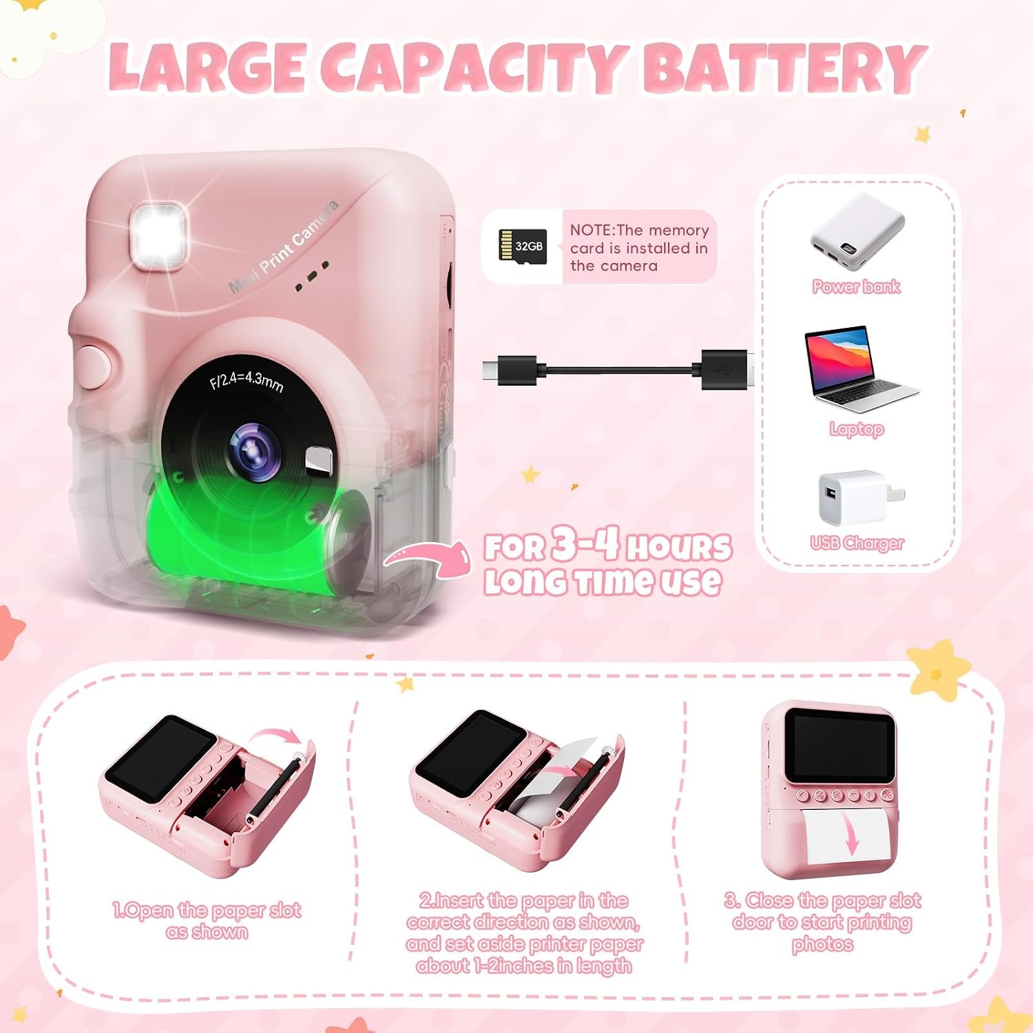 CalineGam Kindercamera Direct Printen, 3.0'' HD Scherm 48MP Fotocamera voor Kinderen met 32GB Kaart & Printpapier, 1080P HD Digitale Camera, Ideaal Cadeau voor Jongens Meisjes 3-12 Jaar (Roze)