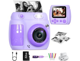 Kids Camera Instant Print, Birthday Gifts for Girls Boys with 3 Rolls Print Paper & 32GB Card, 48MP Toddler Digital Camera 1080P HD Video Toys Cameras for Kids 3-12, Purple
