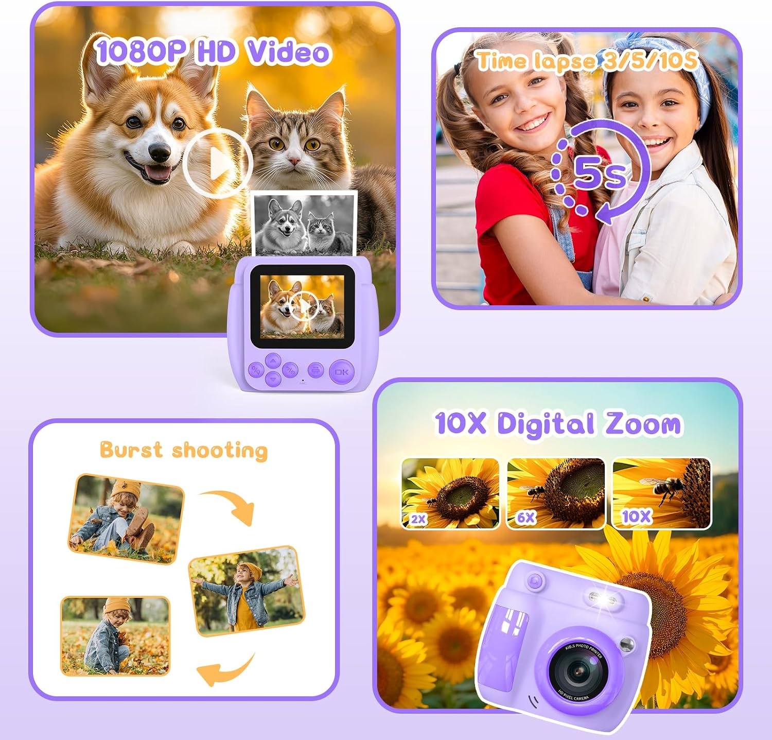 Kids Camera Instant Print, Birthday Gifts for Girls Boys with 3 Rolls Print Paper & 32GB Card, 48MP Toddler Digital Camera 1080P HD Video Toys Cameras for Kids 3-12, Purple