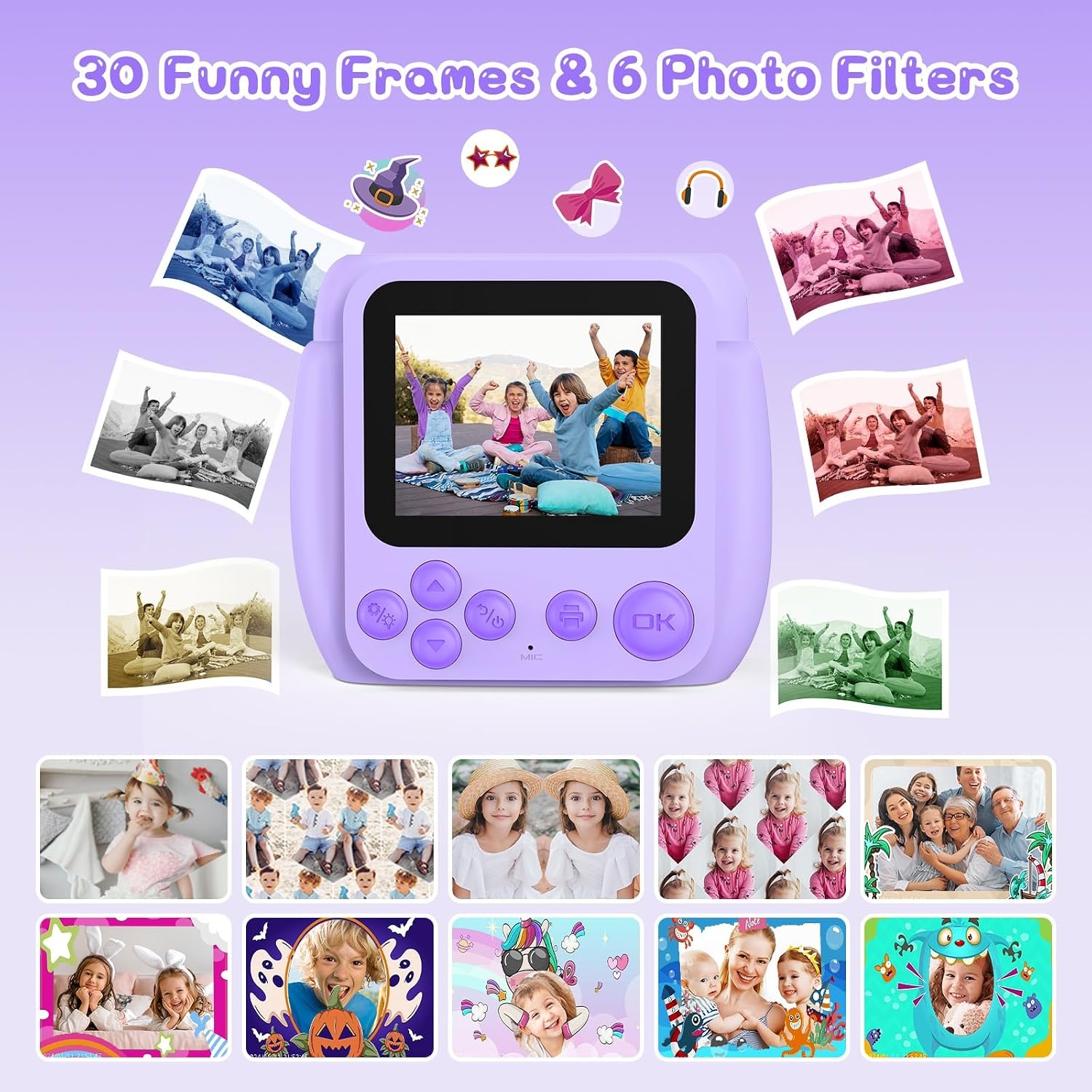 Kids Camera Instant Print, Birthday Gifts for Girls Boys with 3 Rolls Print Paper & 32GB Card, 48MP Toddler Digital Camera 1080P HD Video Toys Cameras for Kids 3-12, Purple